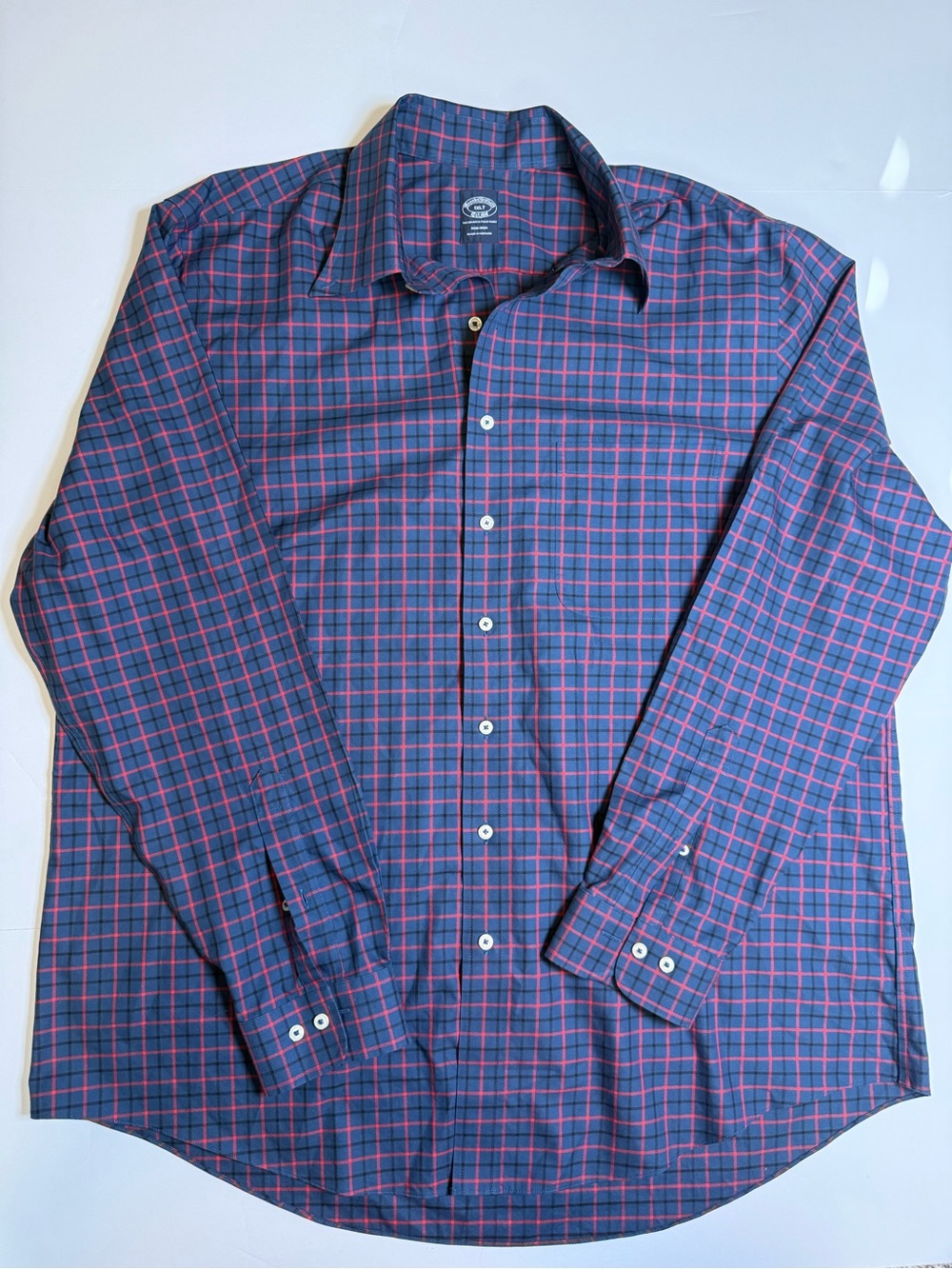 Brooks Brothers Non-Iron Plaid 100% Cotton Dress Shirt 1XLT Long Sleeve Red Blue